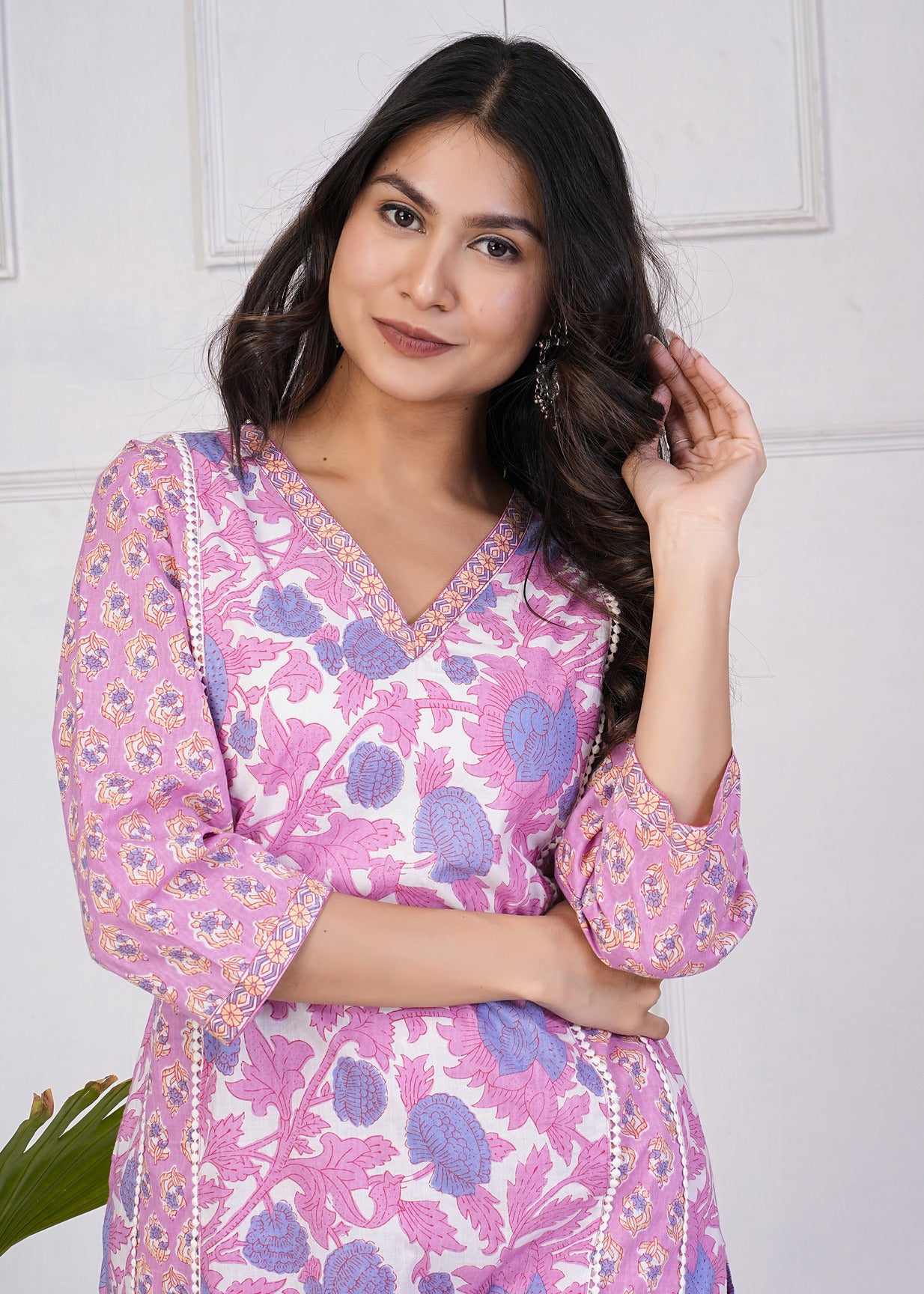 Pink With Multicolor Floral Print Cotton Kurti Set