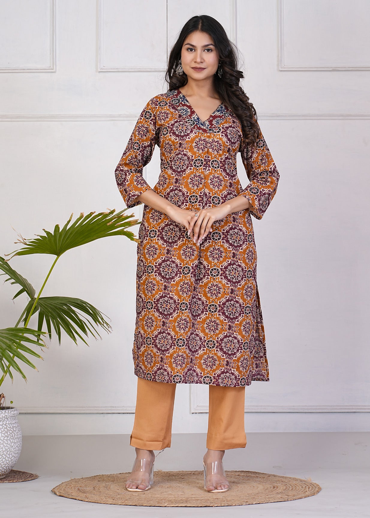 Maroon With Turmeric Cotton Floral Print Kurti