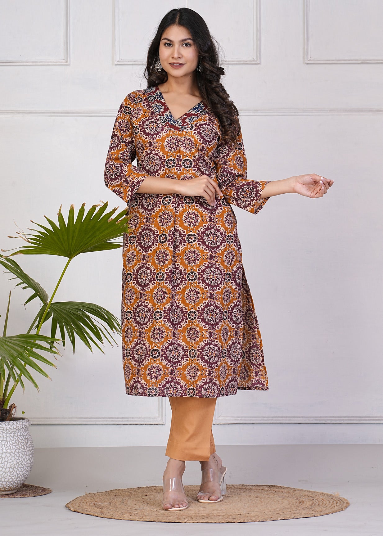 Maroon With Turmeric Cotton Floral Print Kurti