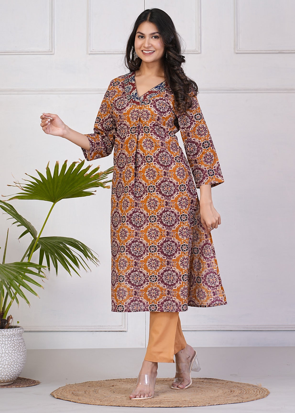 Maroon With Turmeric Cotton Floral Print Kurti