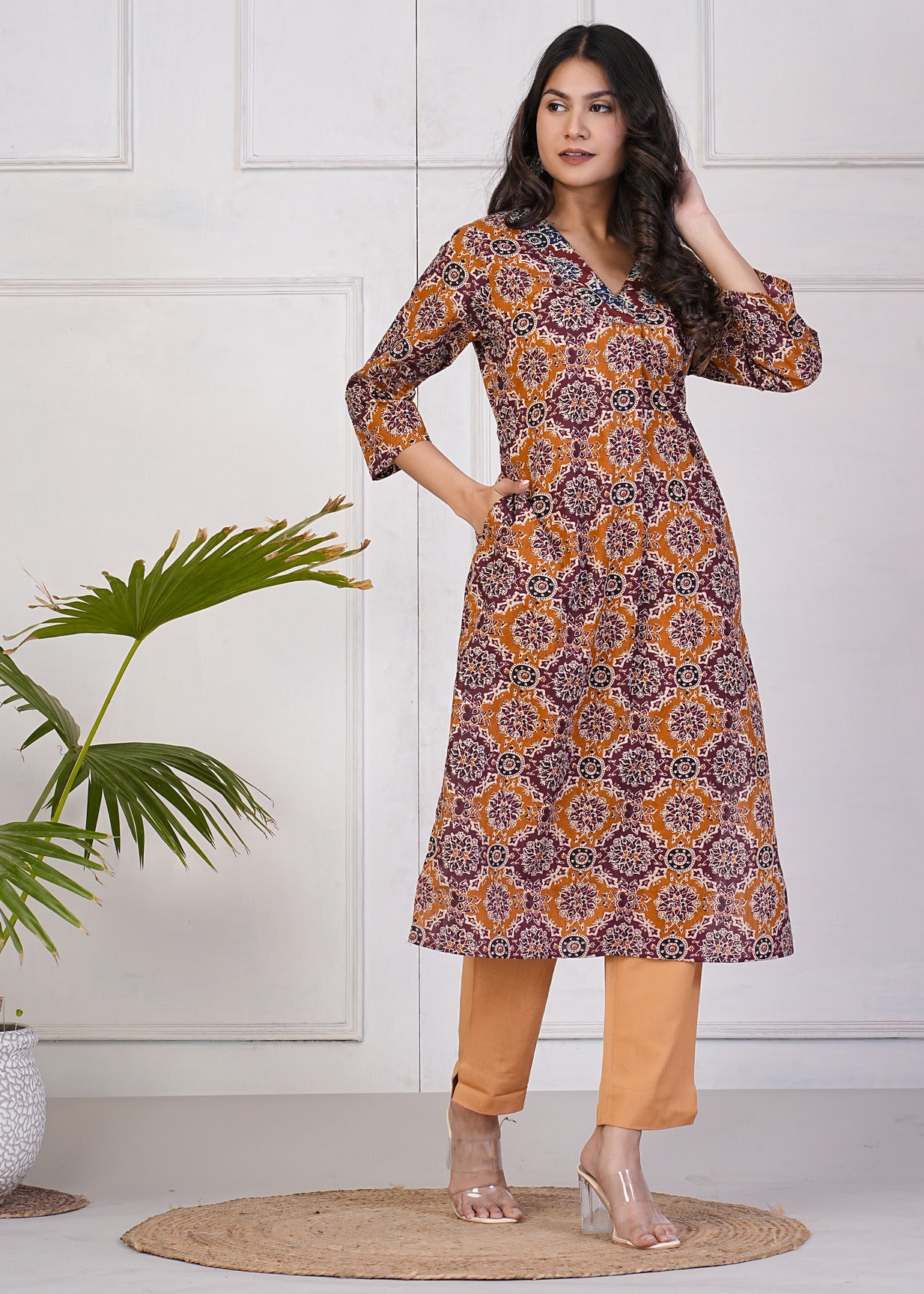 Maroon With Turmeric Cotton Floral Print Kurti