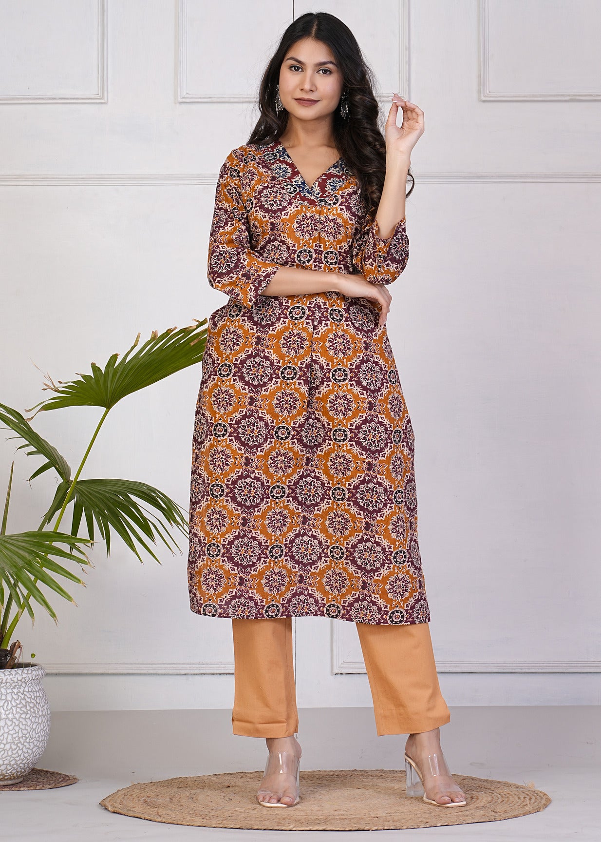 Maroon With Turmeric Cotton Floral Print Kurti