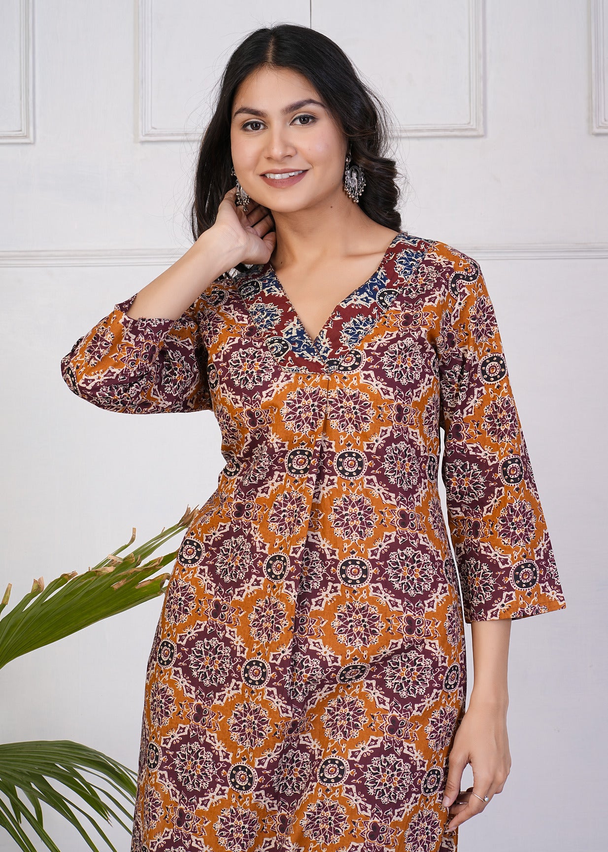 Maroon With Turmeric Cotton Floral Print Kurti