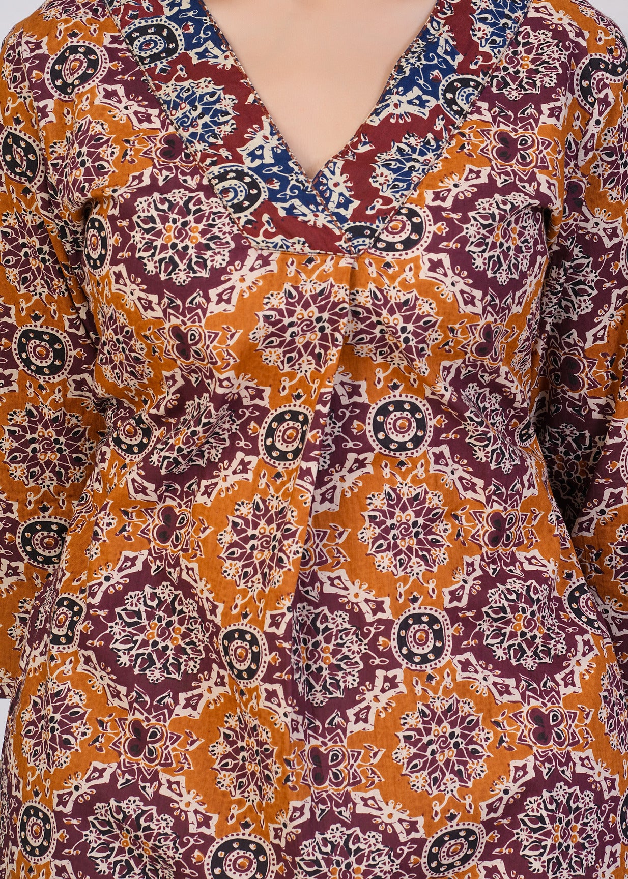 Maroon With Turmeric Cotton Floral Print Kurti