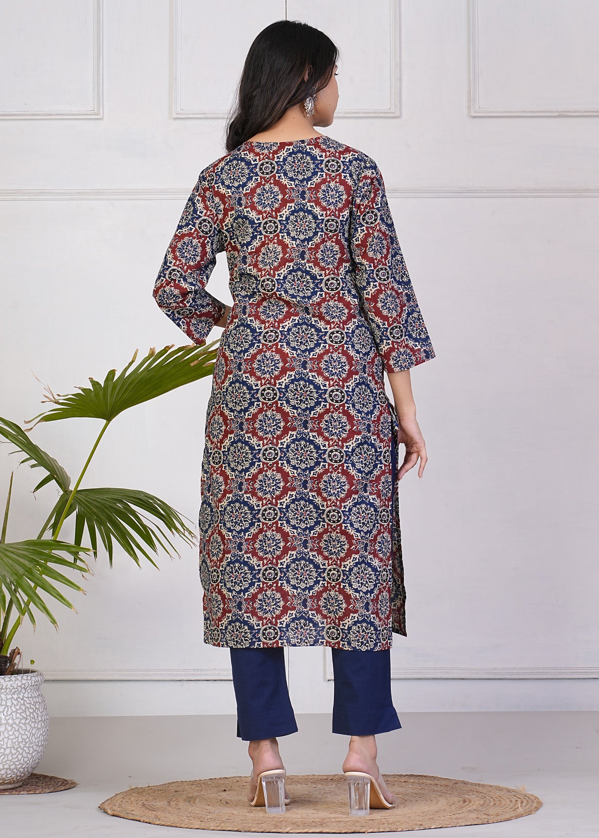 Navy Blue With Maroon Cotton Floral Print Kurti