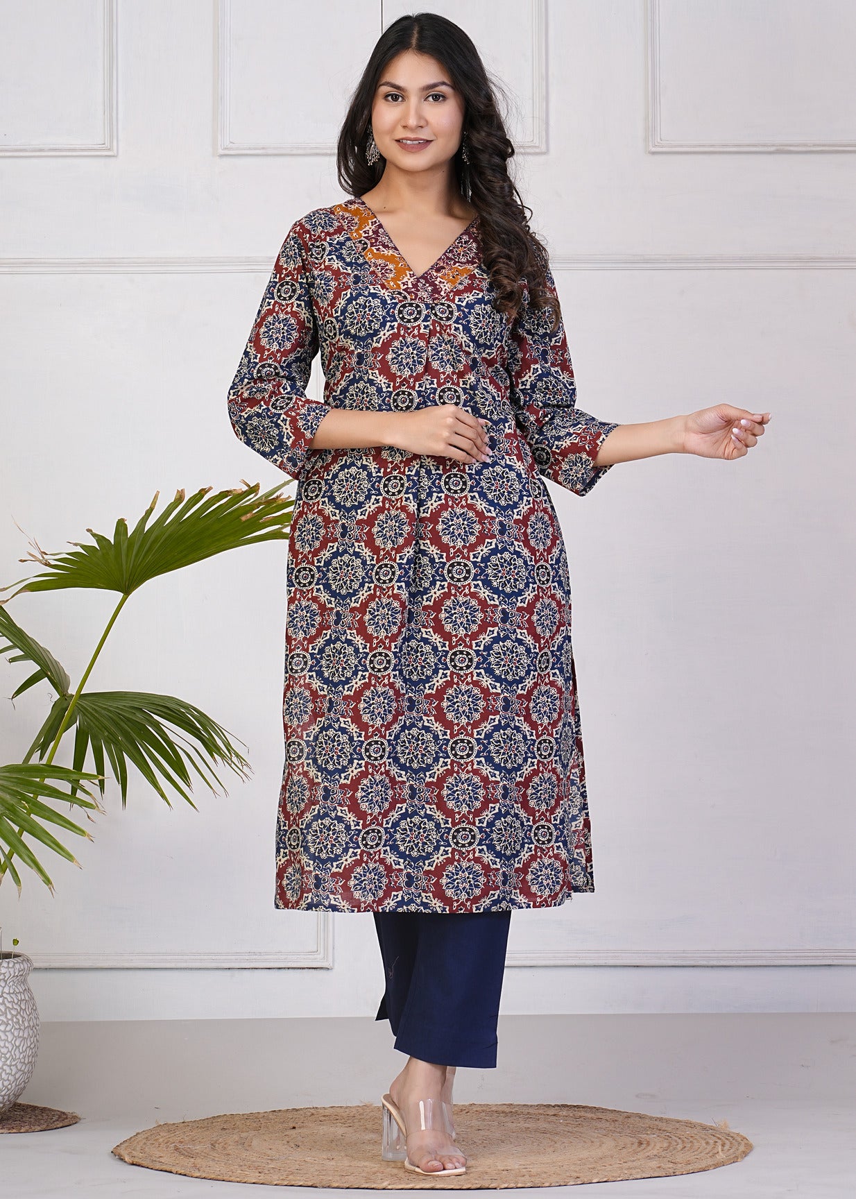 Navy Blue With Maroon Cotton Floral Print Kurti