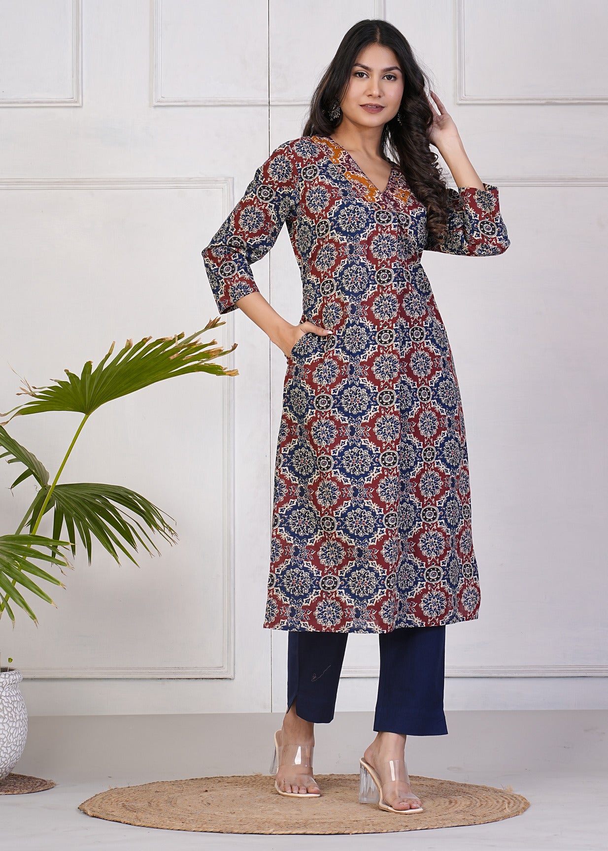 Navy Blue With Maroon Cotton Floral Print Kurti