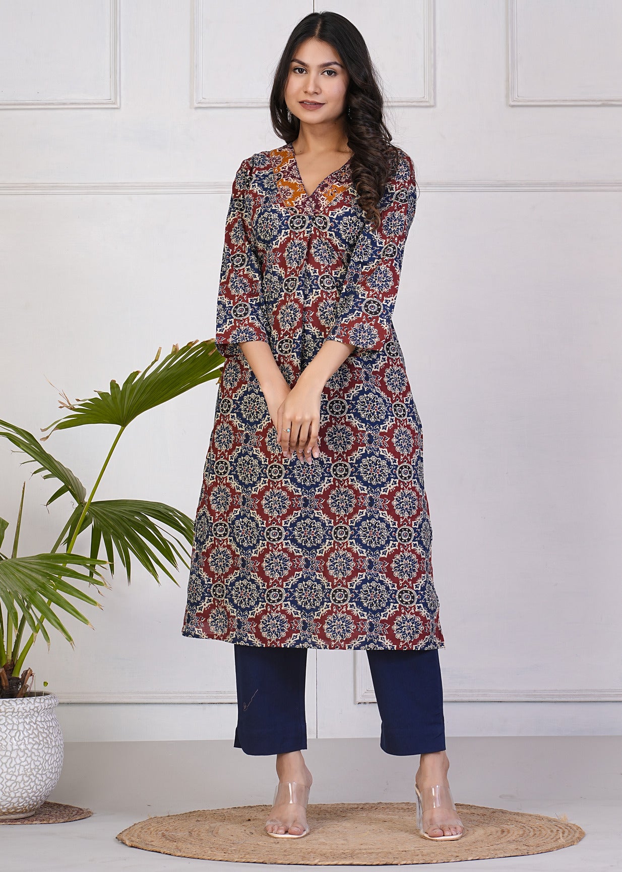 Navy Blue With Maroon Cotton Floral Print Kurti