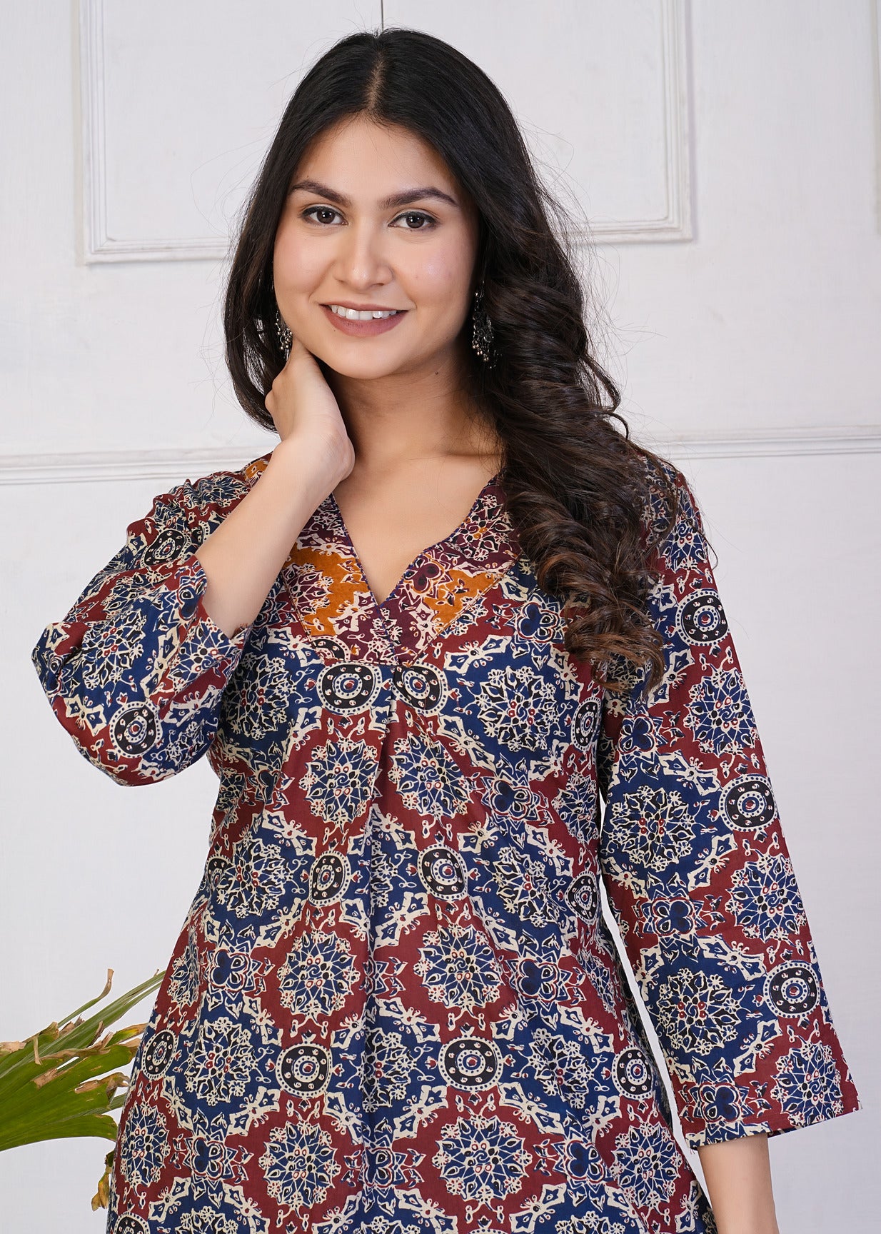 Navy Blue With Maroon Cotton Floral Print Kurti