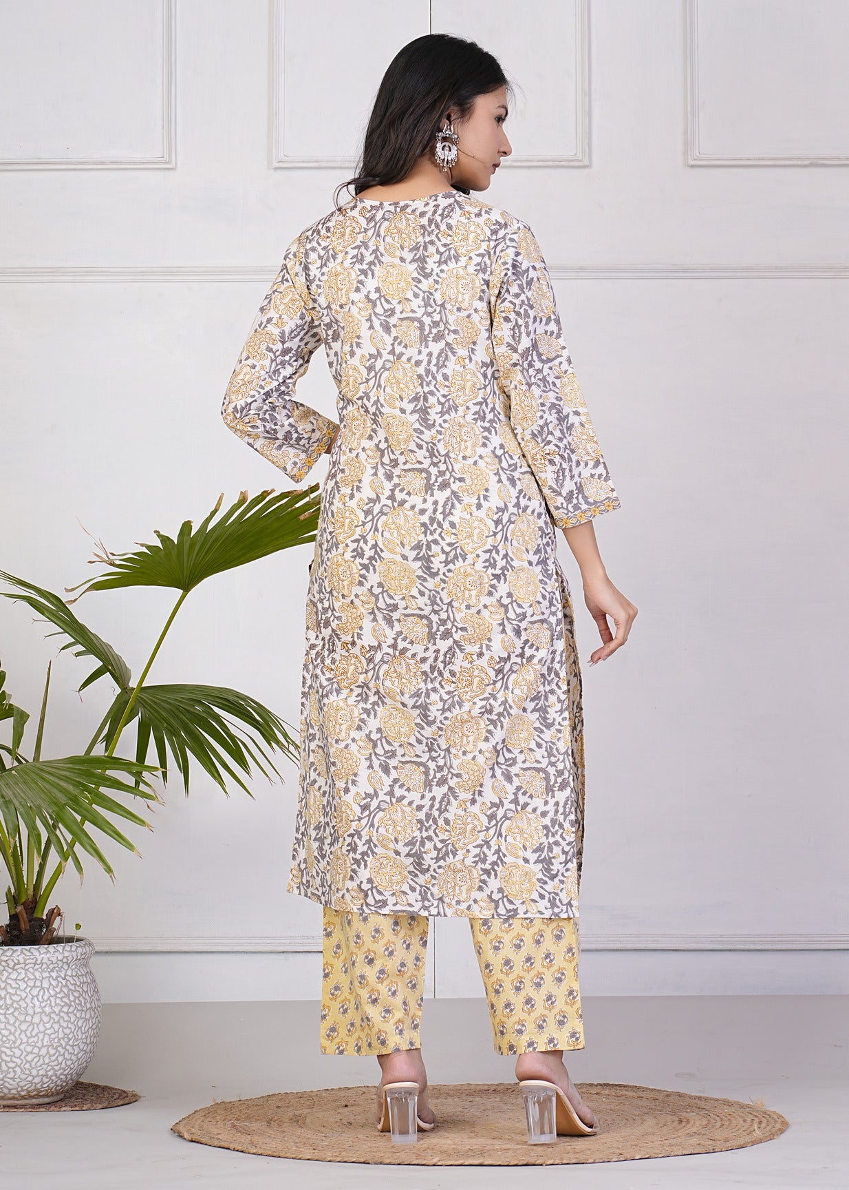 White With Light Yellow Floral Print Cotton Kurti Set