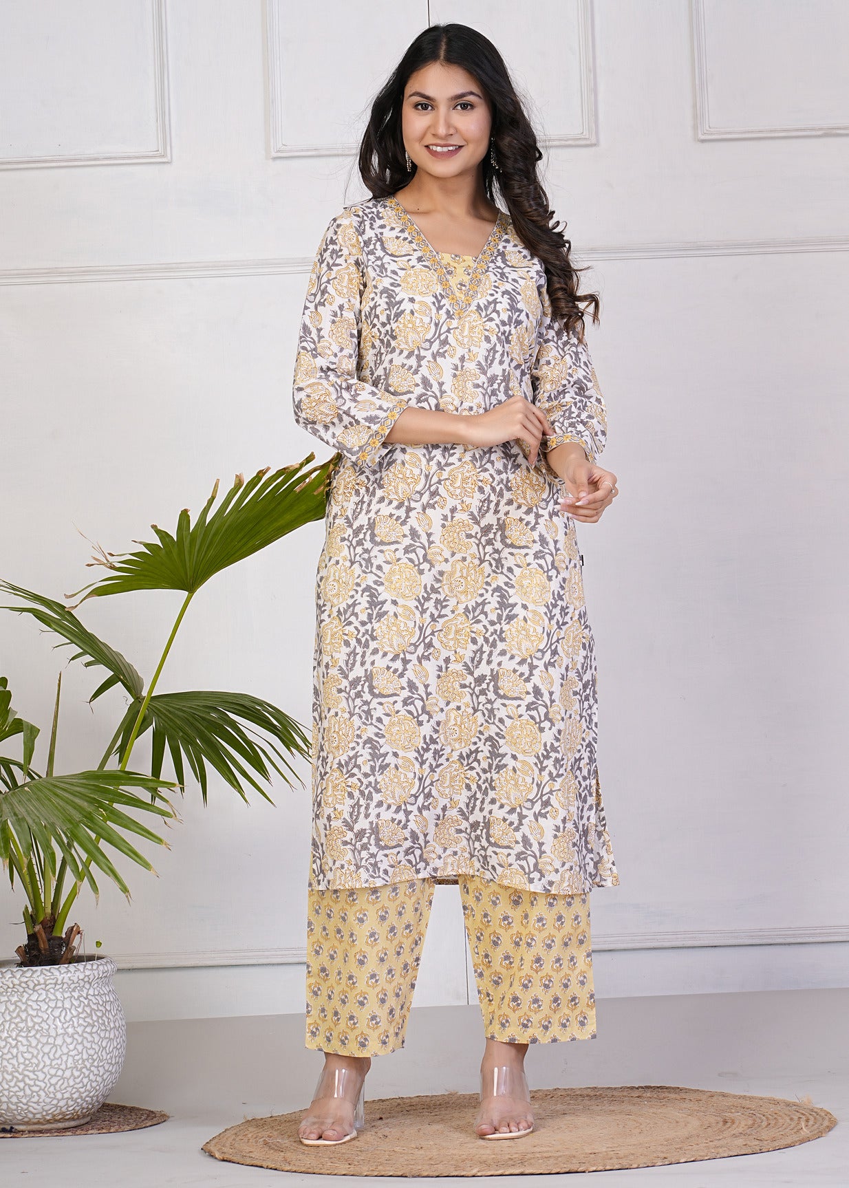 White With Light Yellow Floral Print Cotton Kurti Set