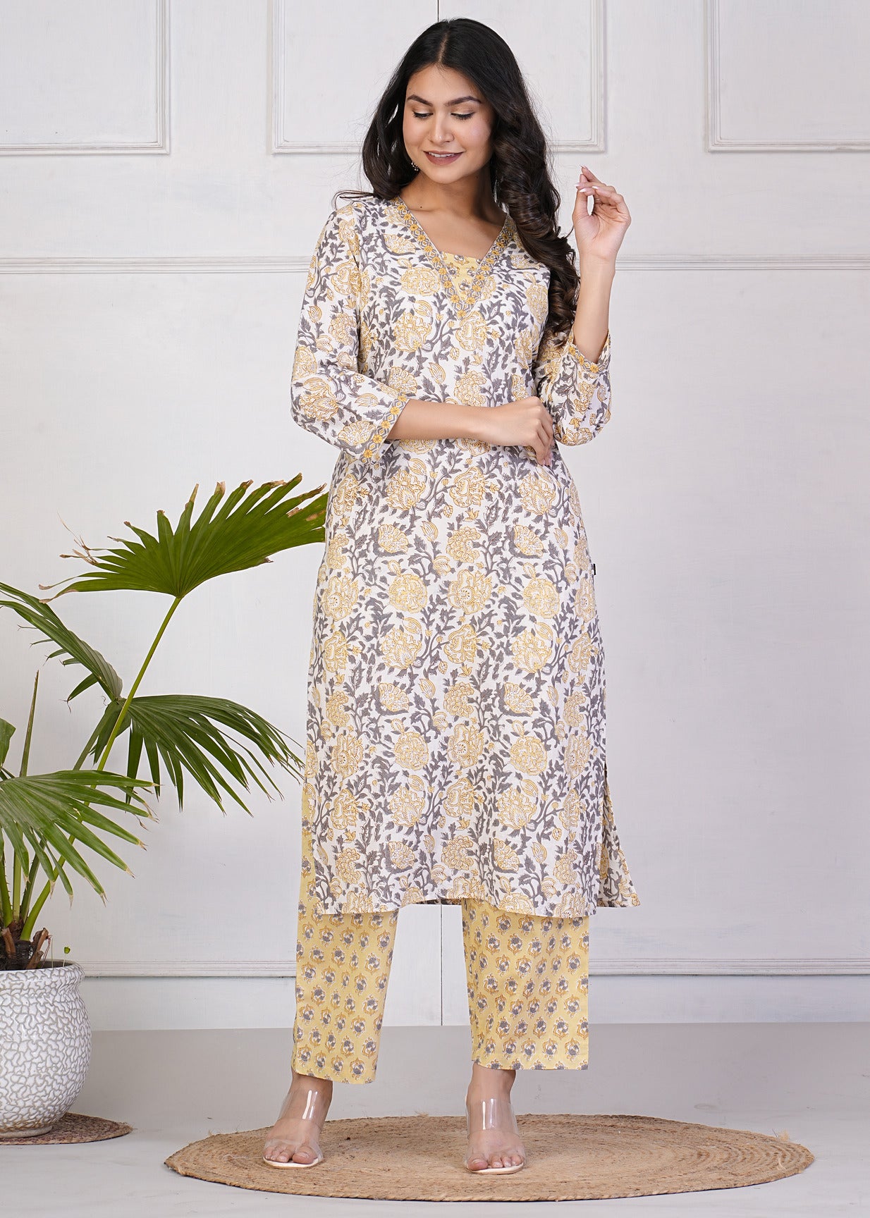 White With Light Yellow Floral Print Cotton Kurti Set