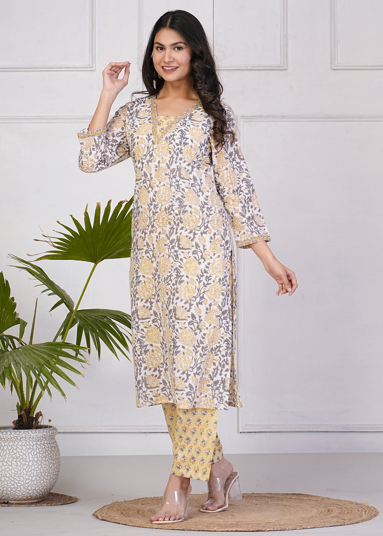 White With Light Yellow Floral Print Cotton Kurti Set