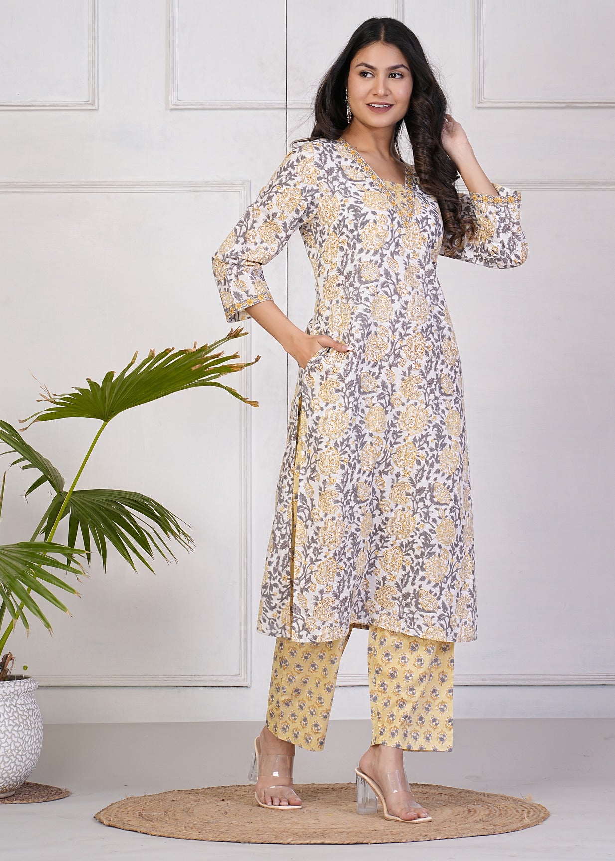 White With Light Yellow Floral Print Cotton Kurti Set