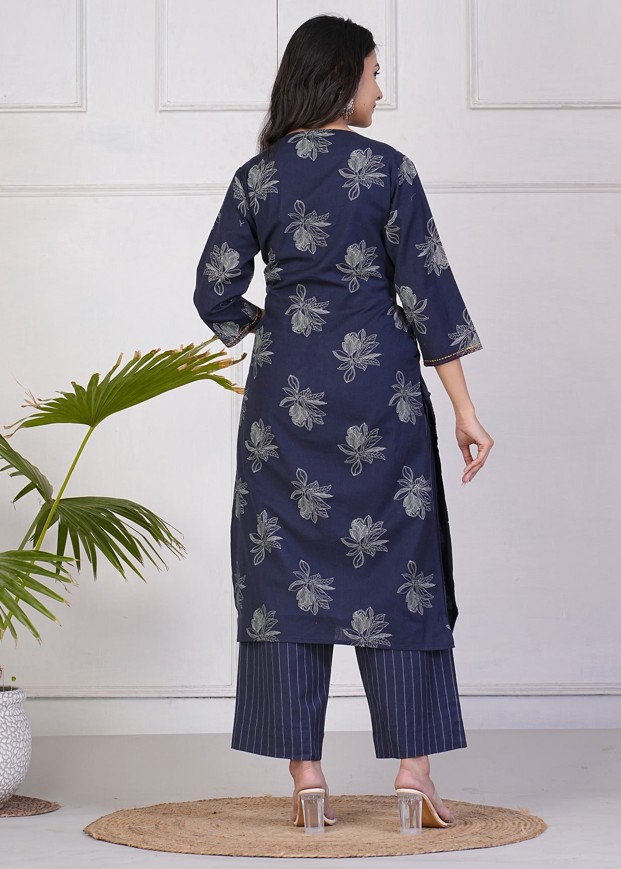 Blue With White Floral Print Katha Work Cotton Kurti Set