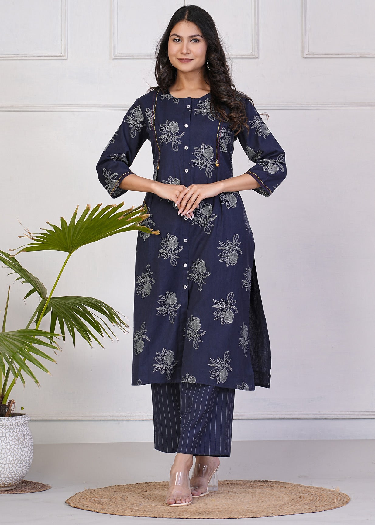 Blue With White Floral Print Katha Work Cotton Kurti Set