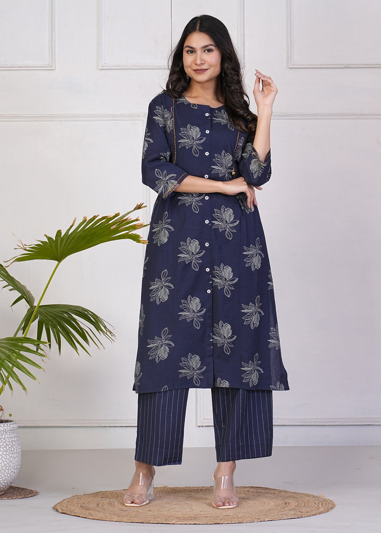 Blue With White Floral Print Katha Work Cotton Kurti Set