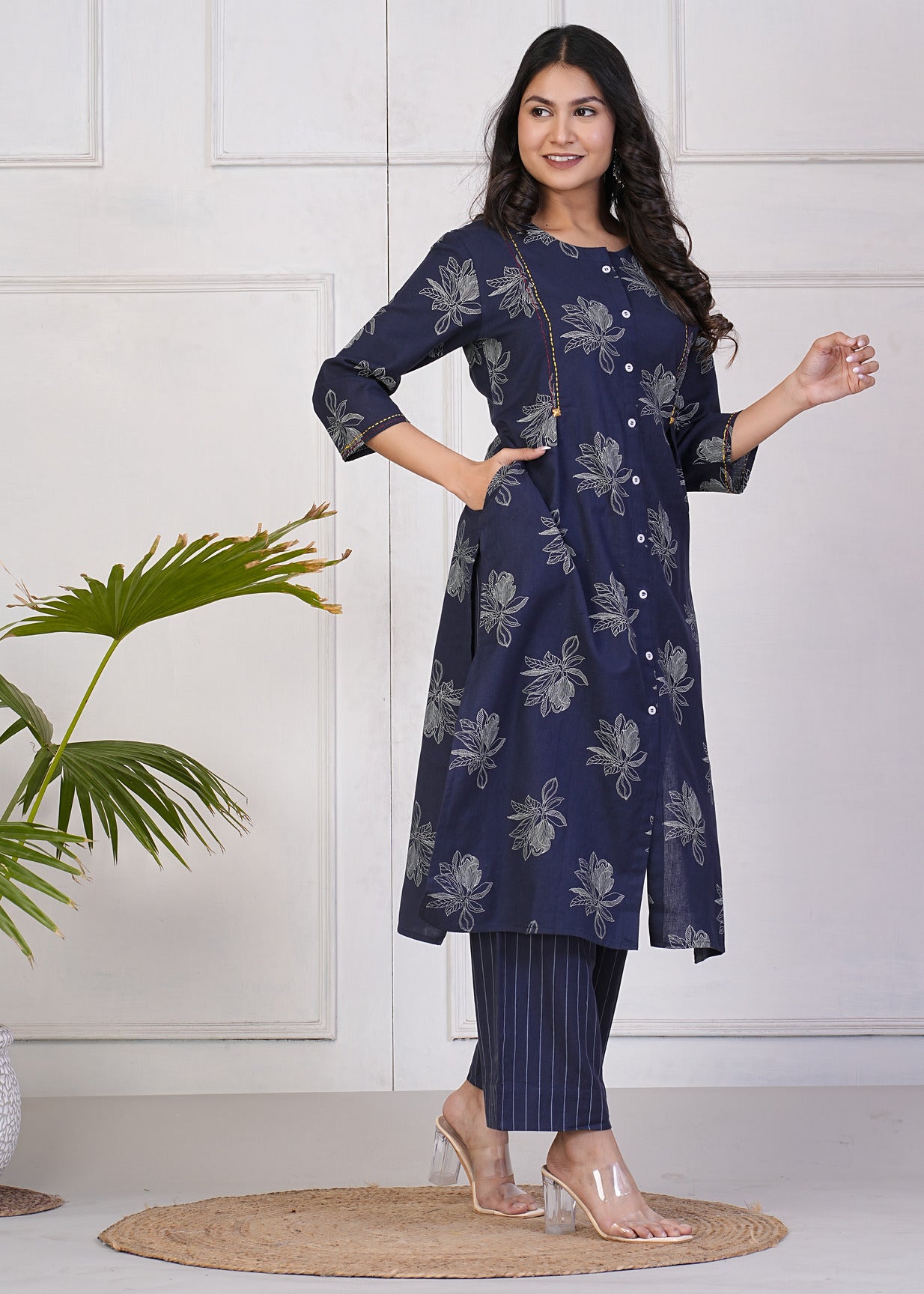 Blue With White Floral Print Katha Work Cotton Kurti Set