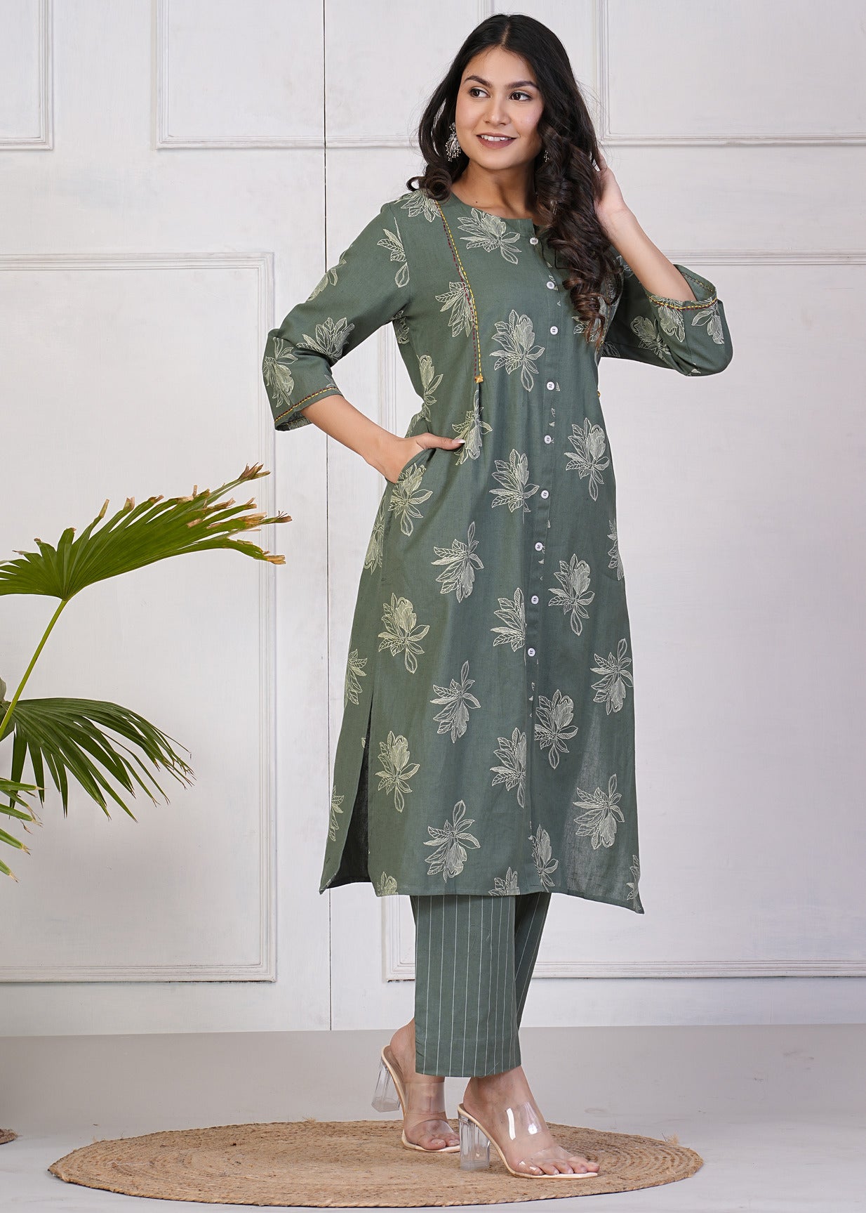 Green With White Floral Print Katha Work Cotton Kurti Set