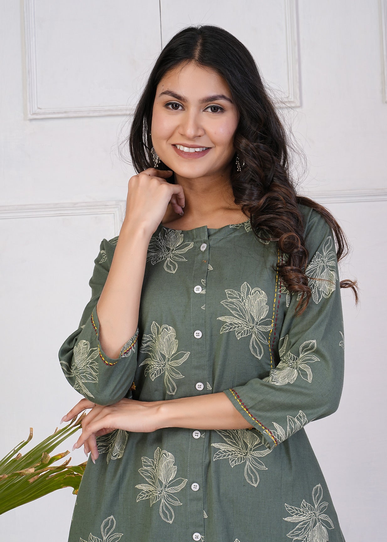 Green With White Floral Print Katha Work Cotton Kurti Set