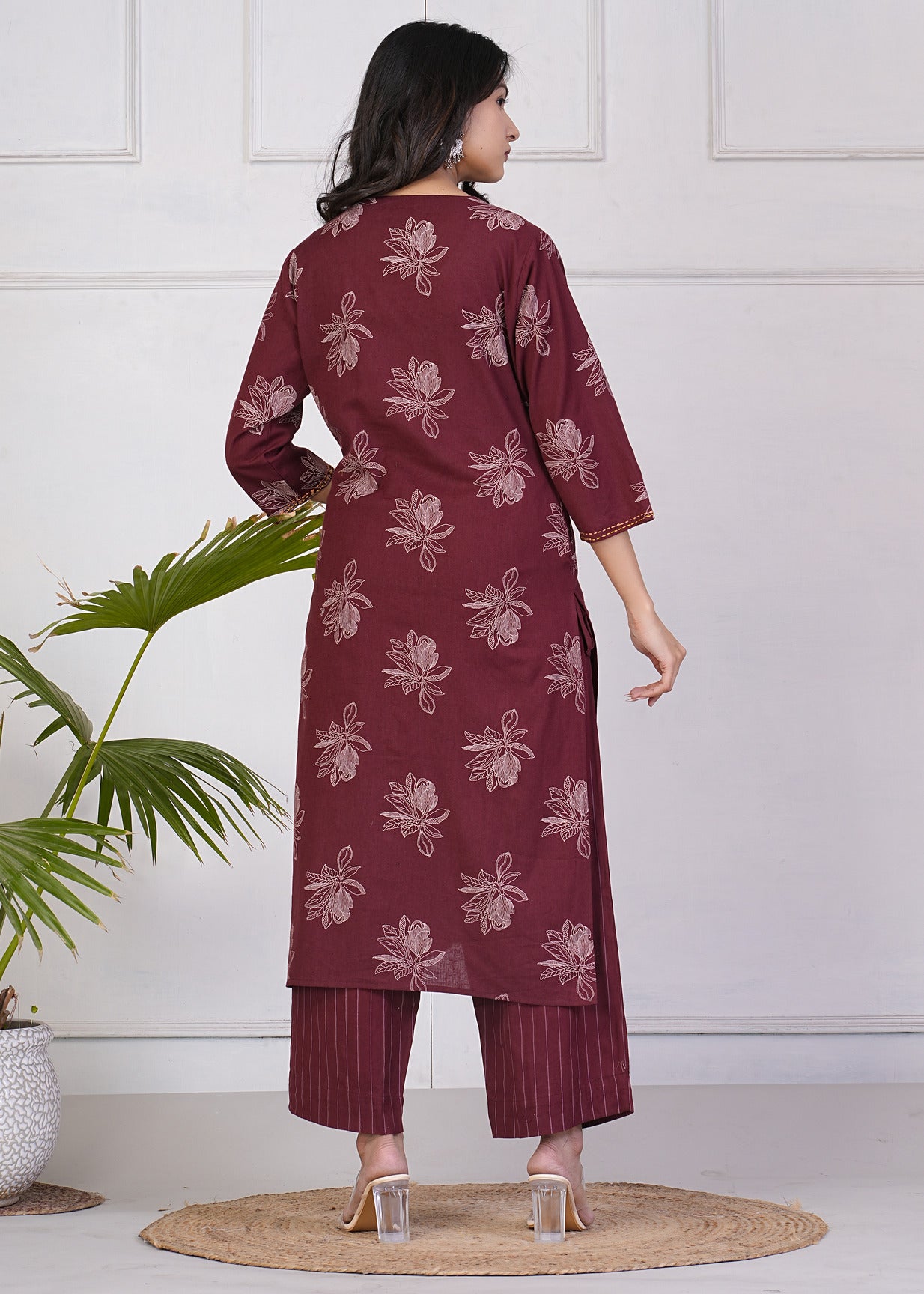 Maroon With White Floral Print Katha Work Cotton Kurti Set