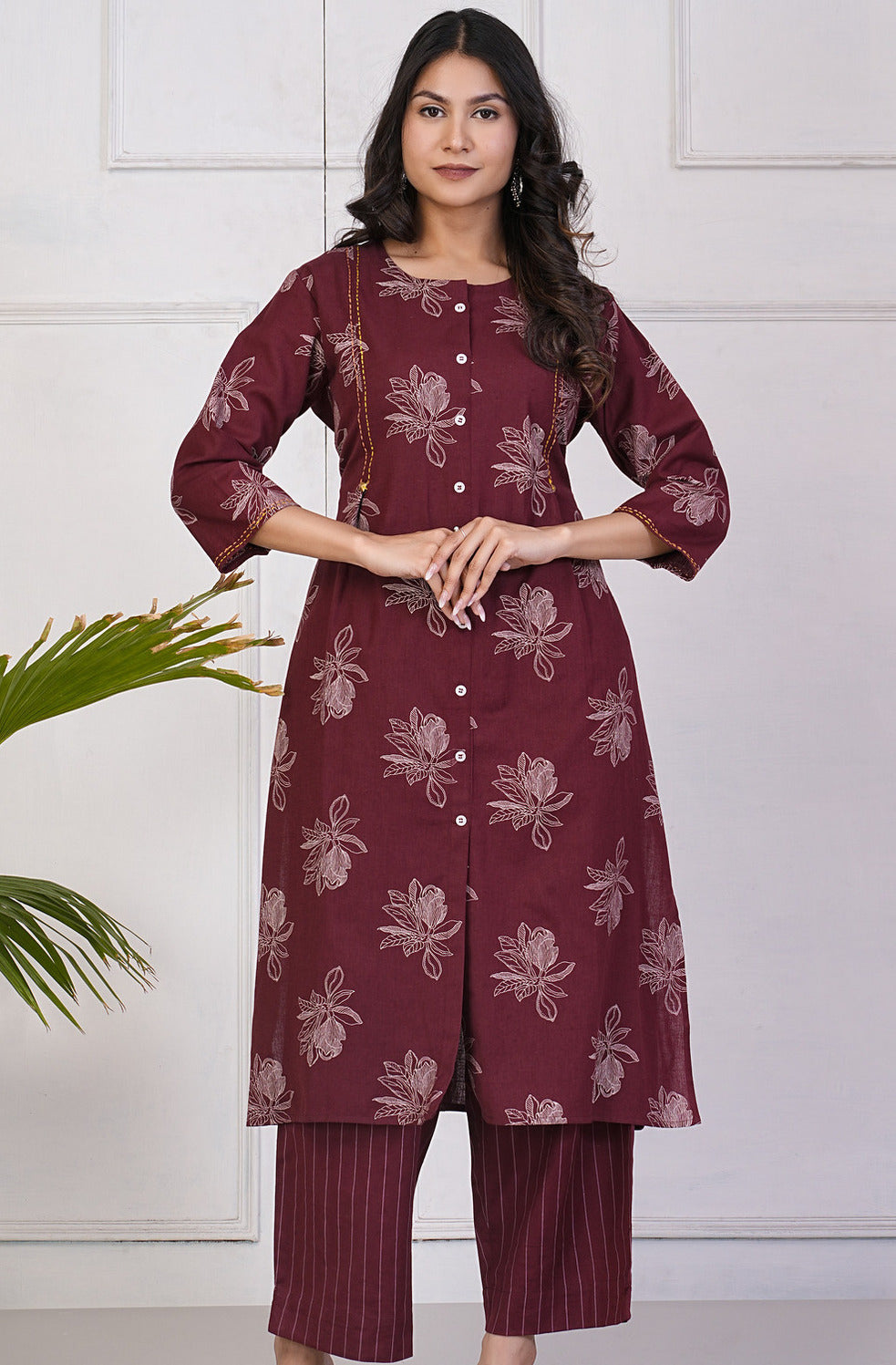 Maroon With White Floral Print Katha Work Cotton Kurti Set