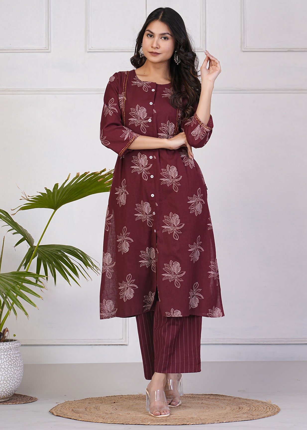 Maroon With White Floral Print Katha Work Cotton Kurti Set