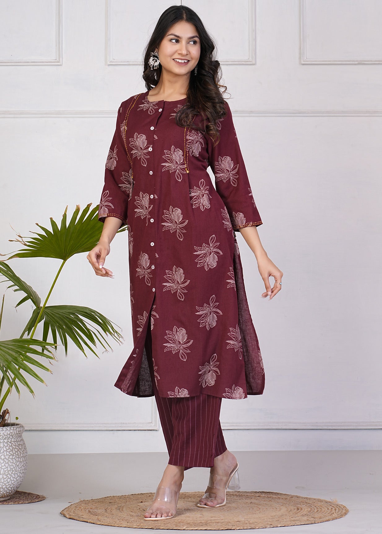 Maroon With White Floral Print Katha Work Cotton Kurti Set