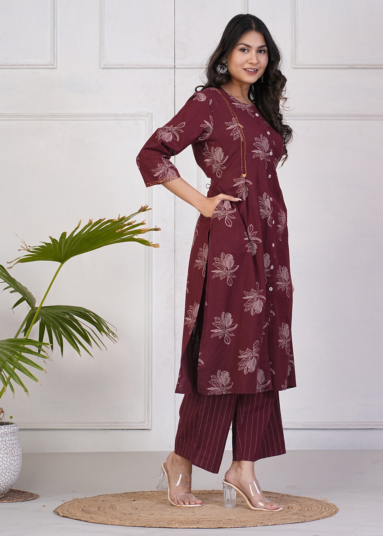 Maroon With White Floral Print Katha Work Cotton Kurti Set