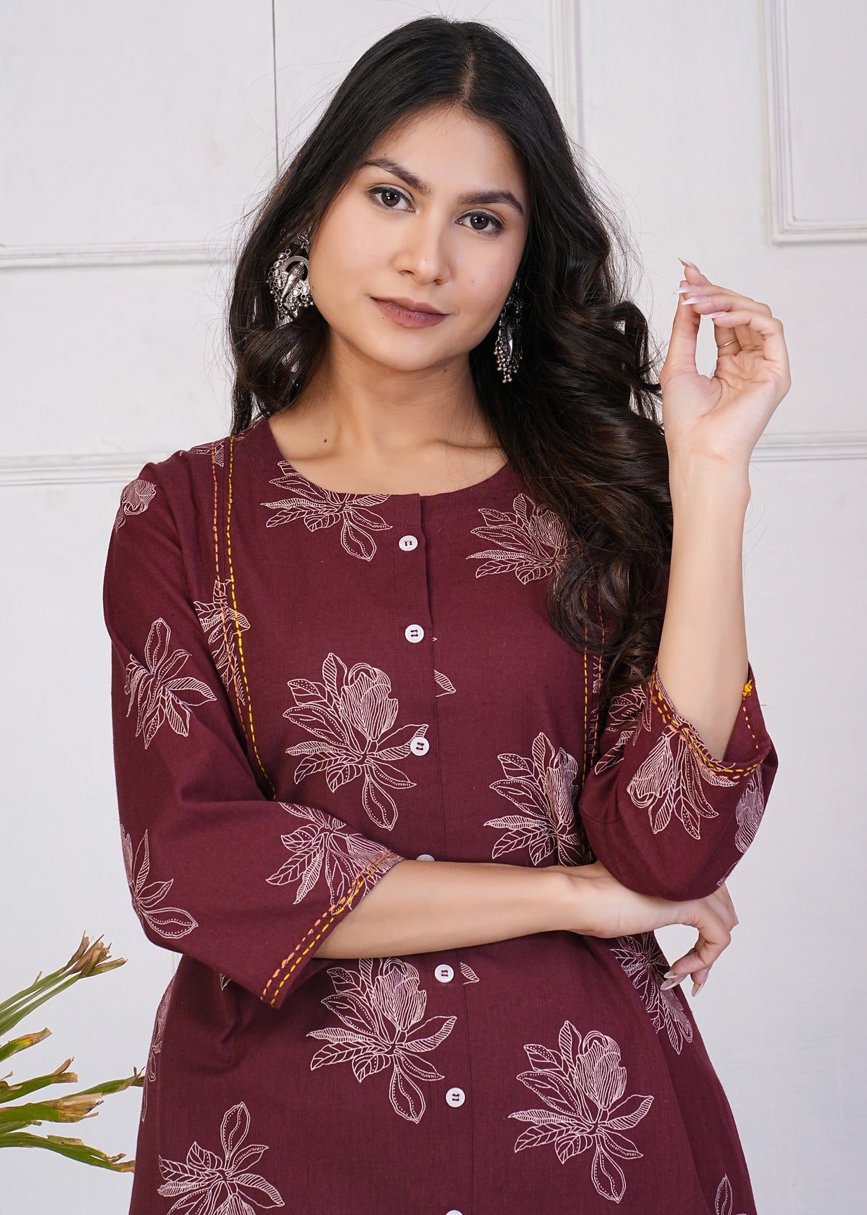 Maroon With White Floral Print Katha Work Cotton Kurti Set