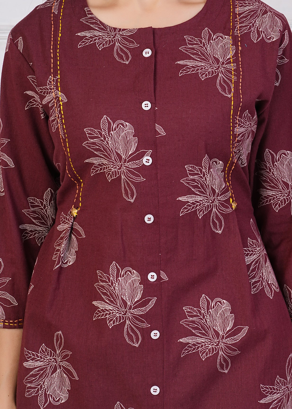 Maroon With White Floral Print Katha Work Cotton Kurti Set