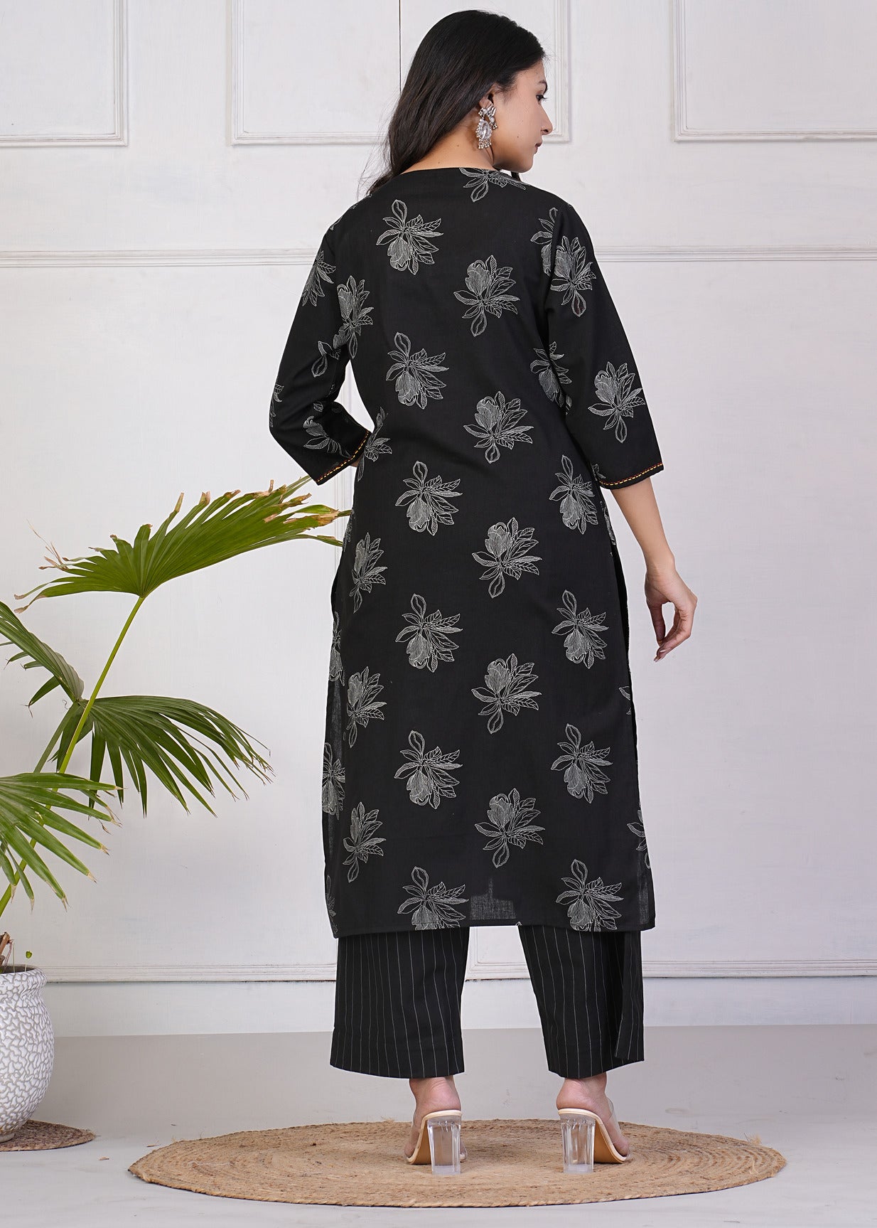 Black With White Floral Print Katha Work Cotton Kurti Set