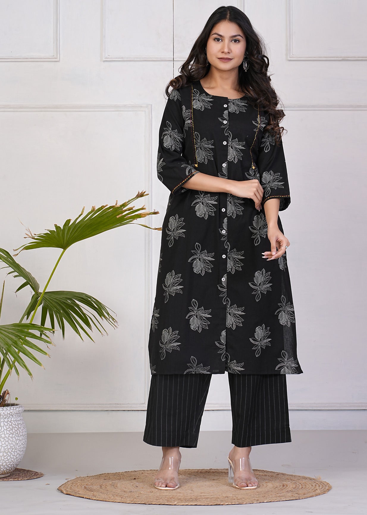 Black With White Floral Print Katha Work Cotton Kurti Set