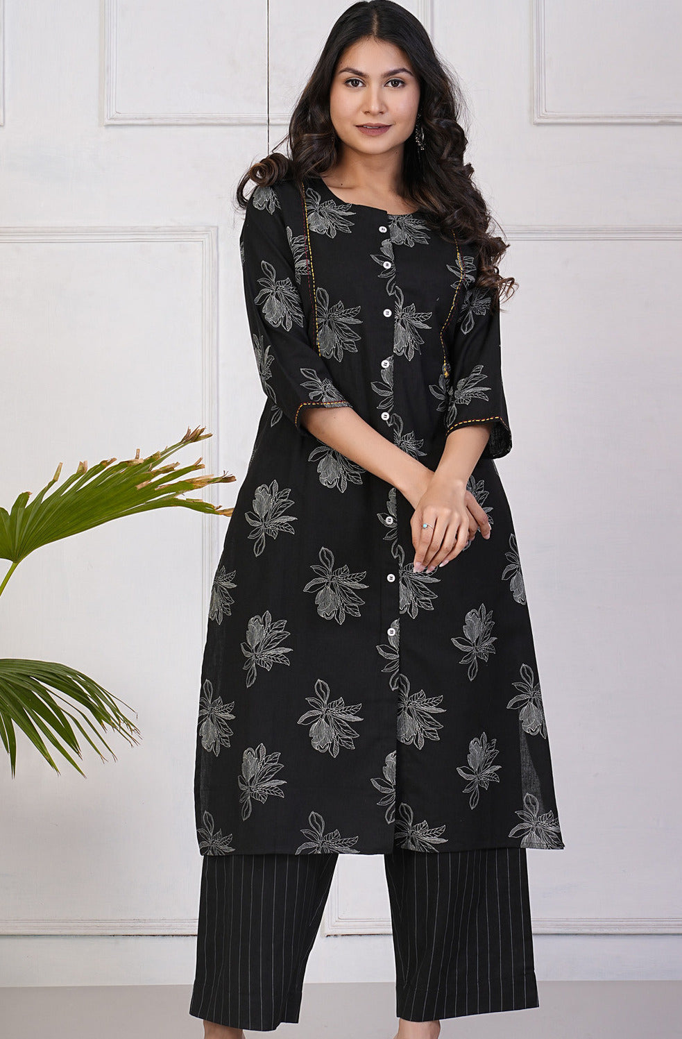 Black With White Floral Print Katha Work Cotton Kurti Set