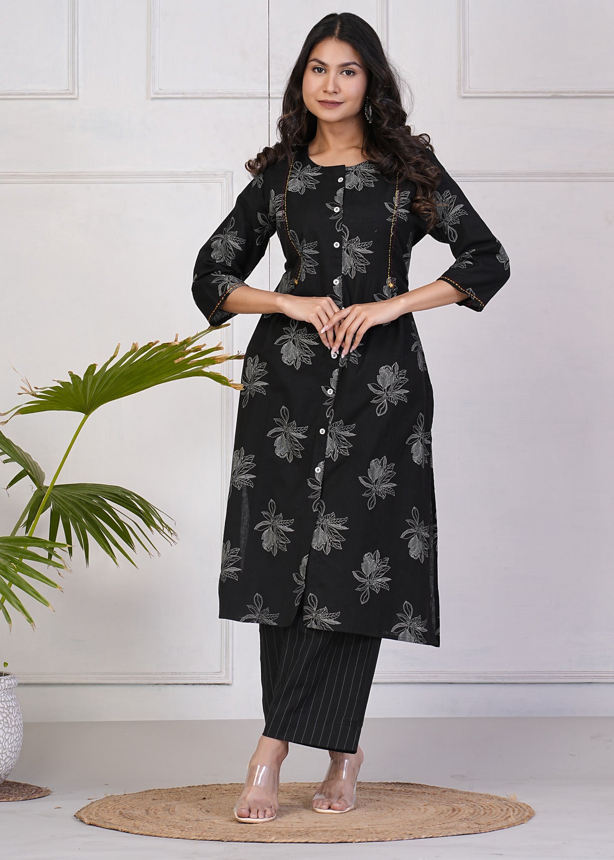 Black With White Floral Print Katha Work Cotton Kurti Set