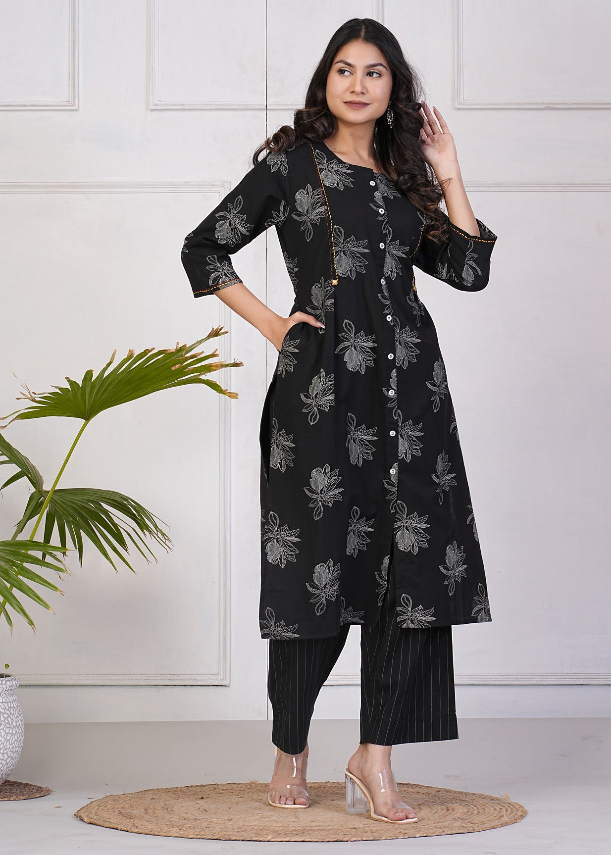 Black With White Floral Print Katha Work Cotton Kurti Set