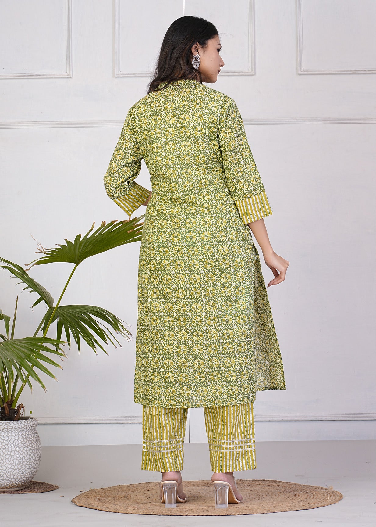 Green With Floral Print Cotton Kurti Set