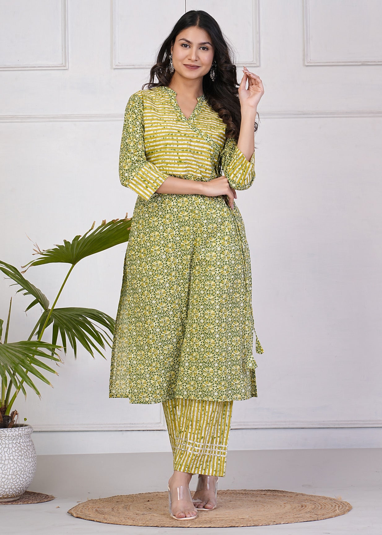 Green With Floral Print Cotton Kurti Set