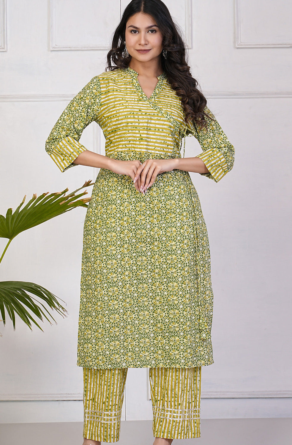 Green With Floral Print Cotton Kurti Set