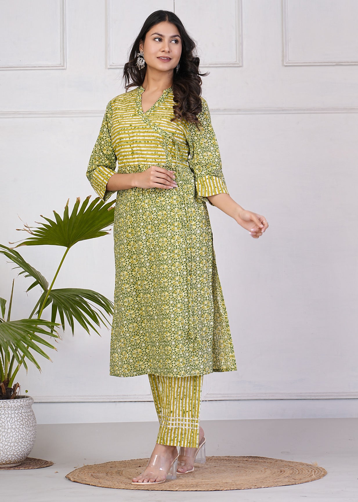 Green With Floral Print Cotton Kurti Set