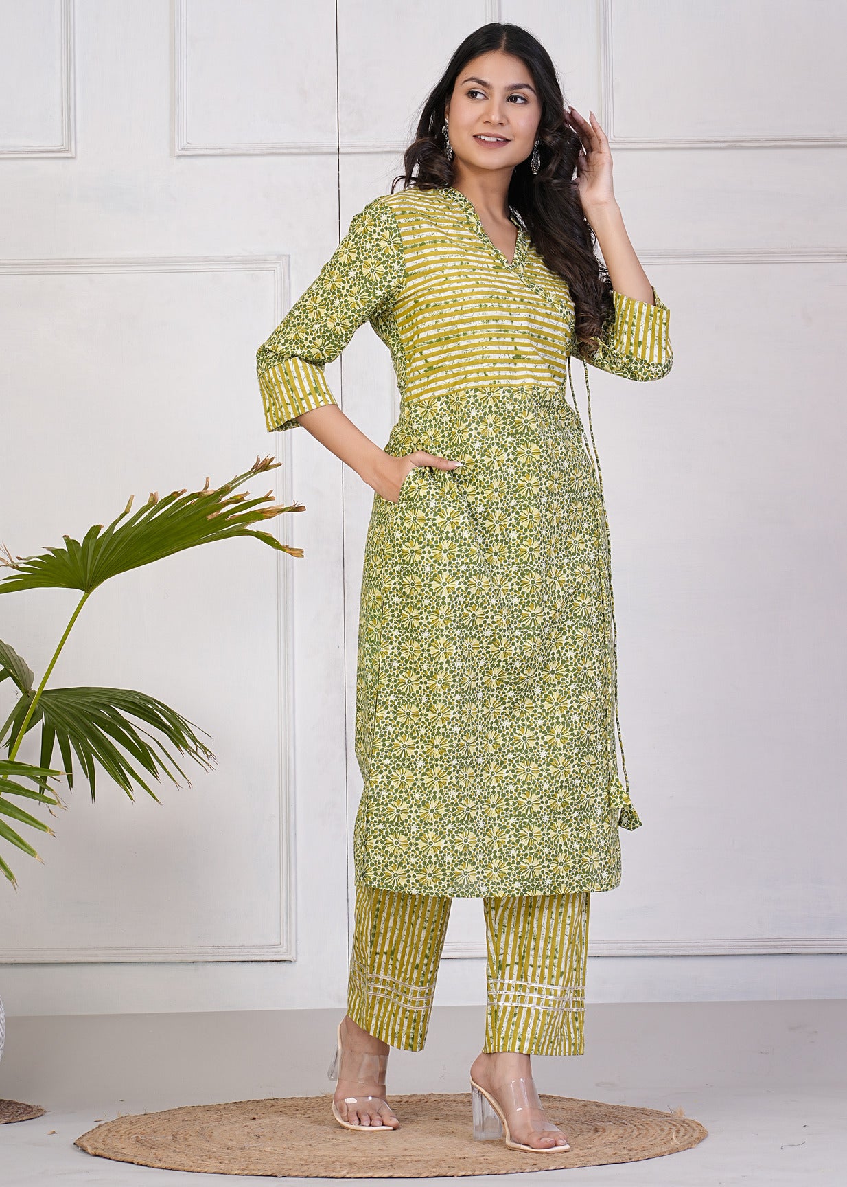 Green With Floral Print Cotton Kurti Set