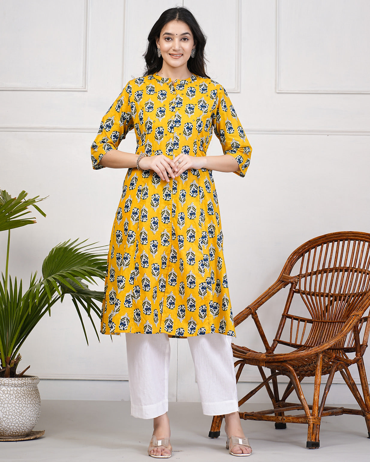 Yellow Block Print Cotton Kurti