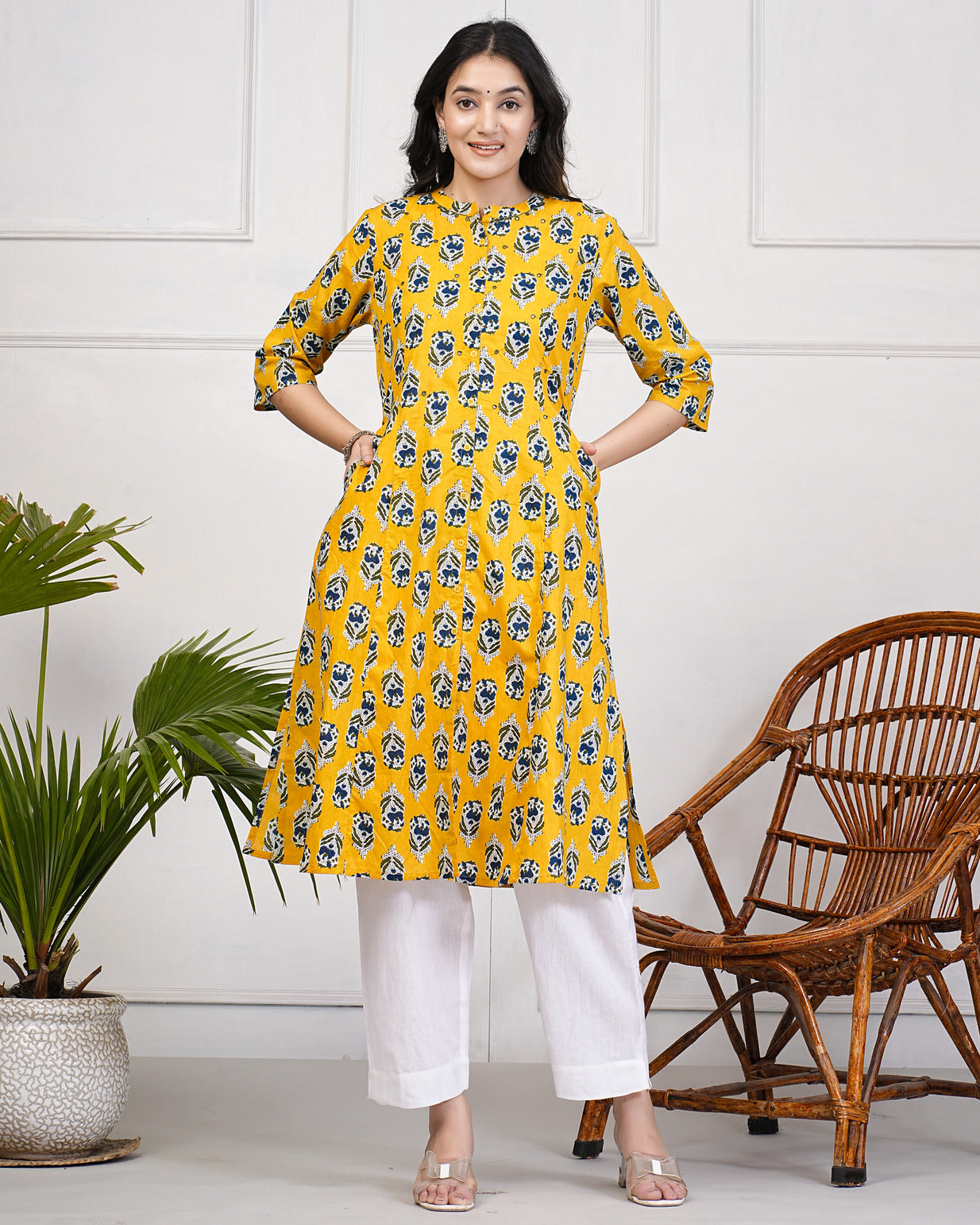 Yellow Block Print Cotton Kurti
