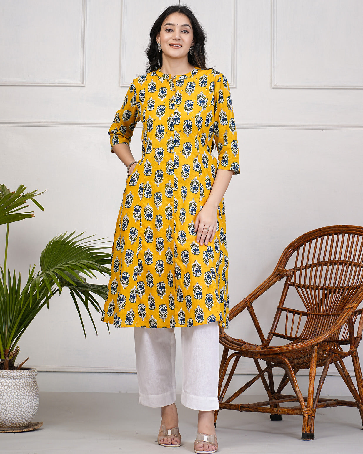 Yellow Block Print Cotton Kurti