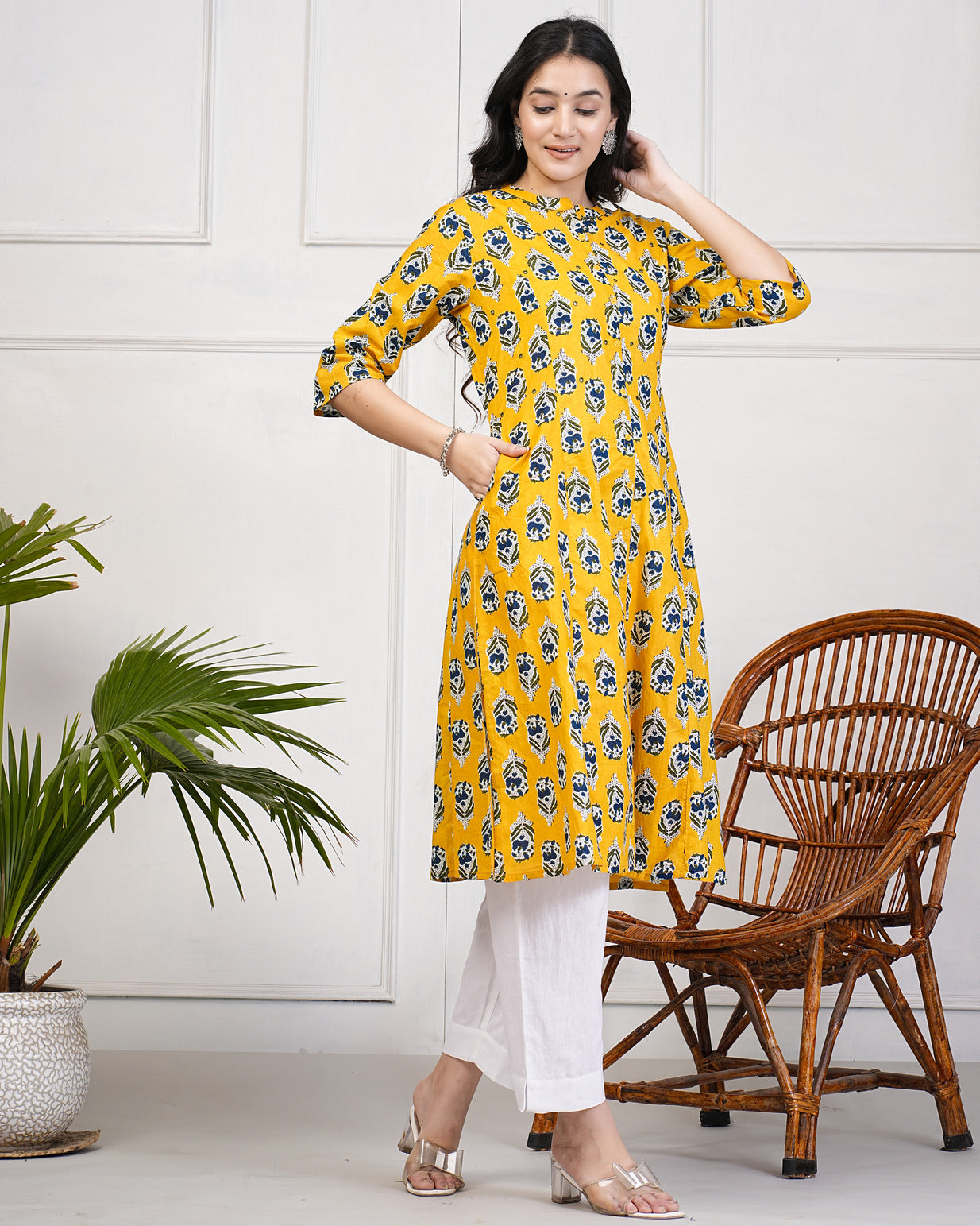 Yellow Block Print Cotton Kurti