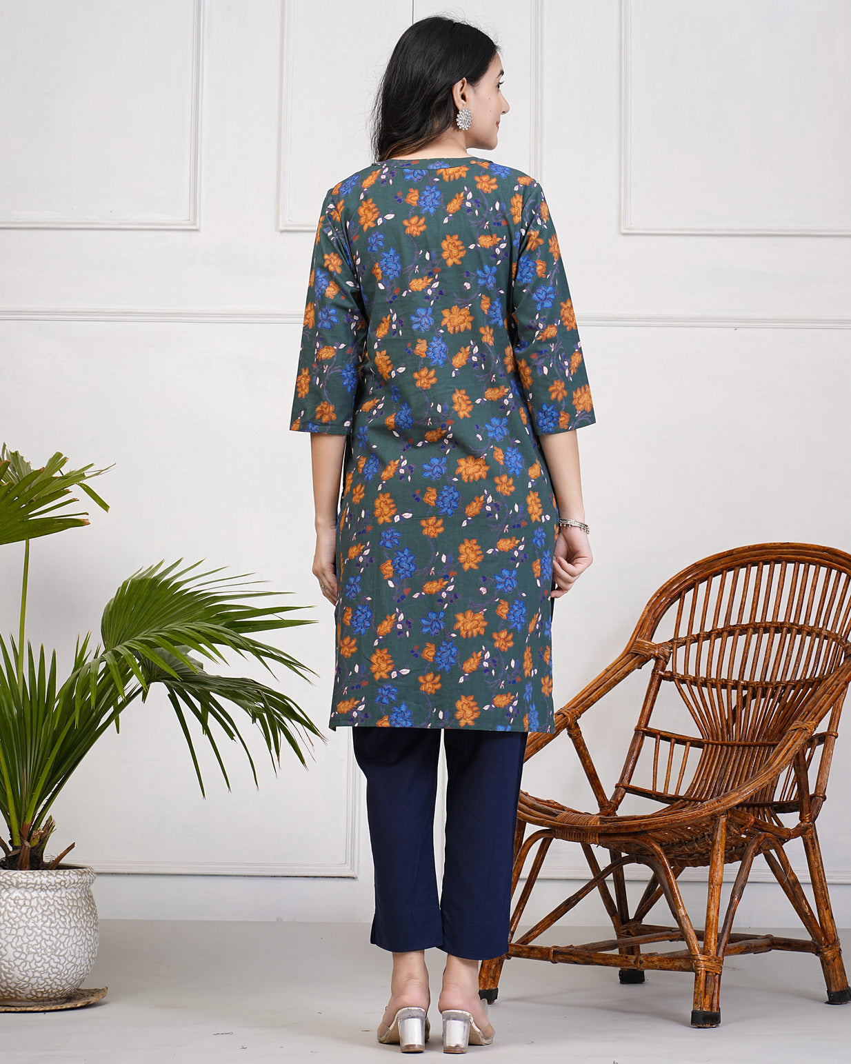 Dark Green With Floral Print Cotton Kurti