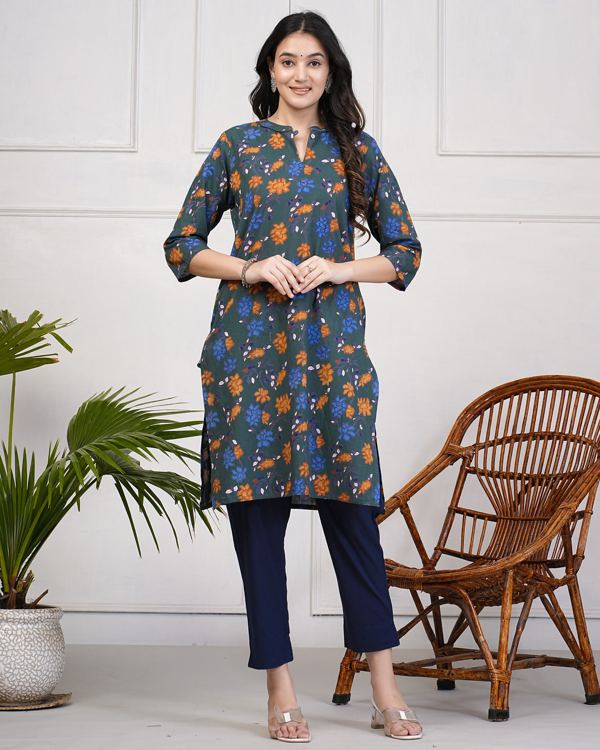 Dark Green With Floral Print Cotton Kurti