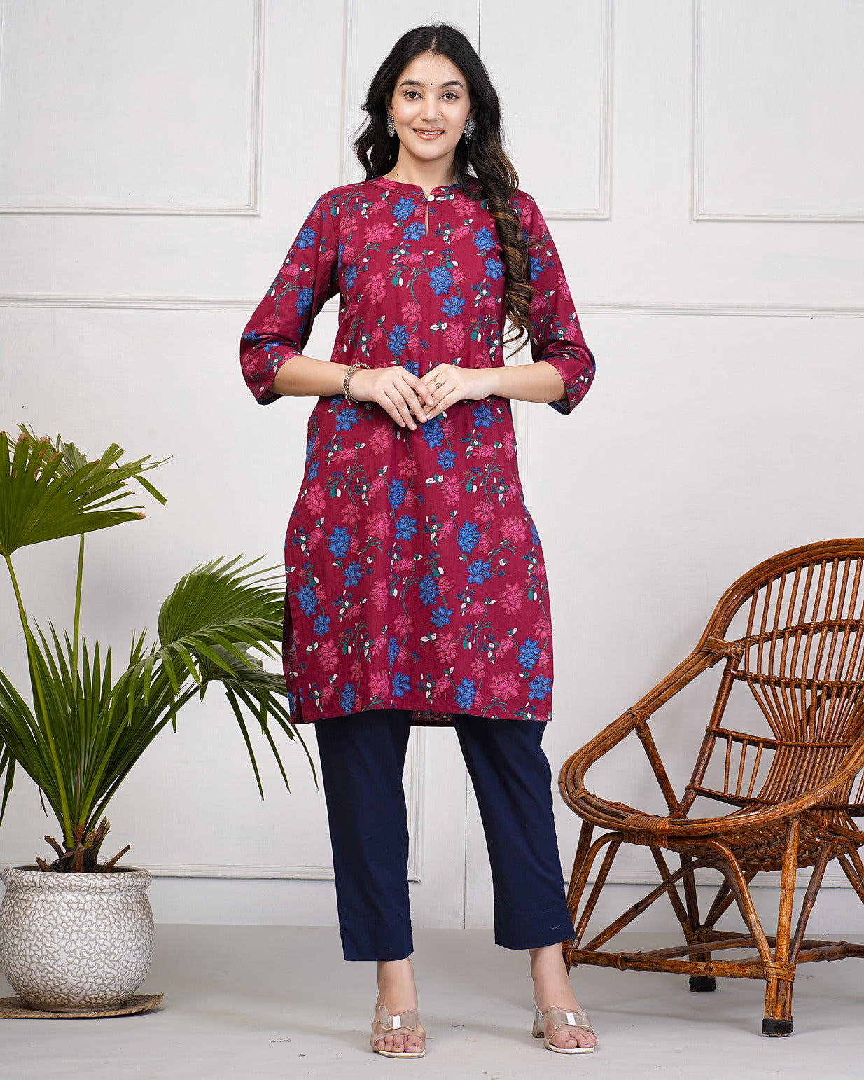 Beetroot Color With Floral Print Cotton Kurti