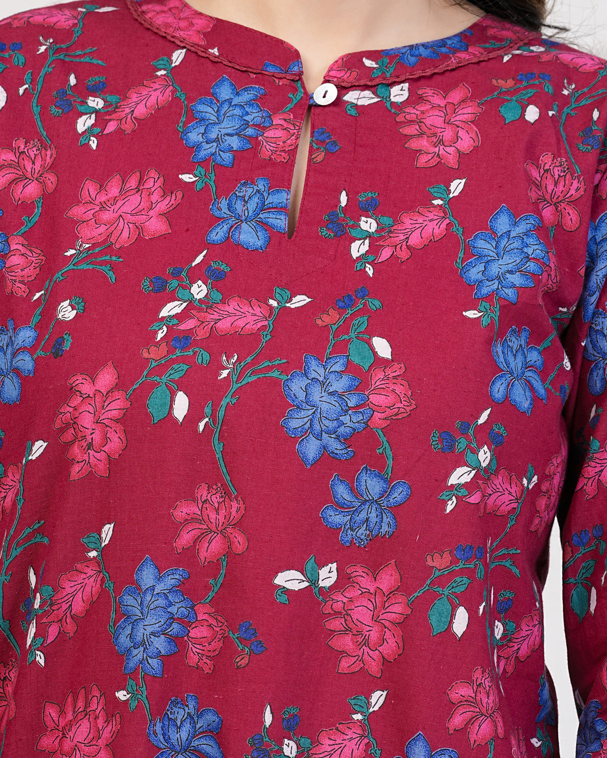Beetroot Color With Floral Print Cotton Kurti