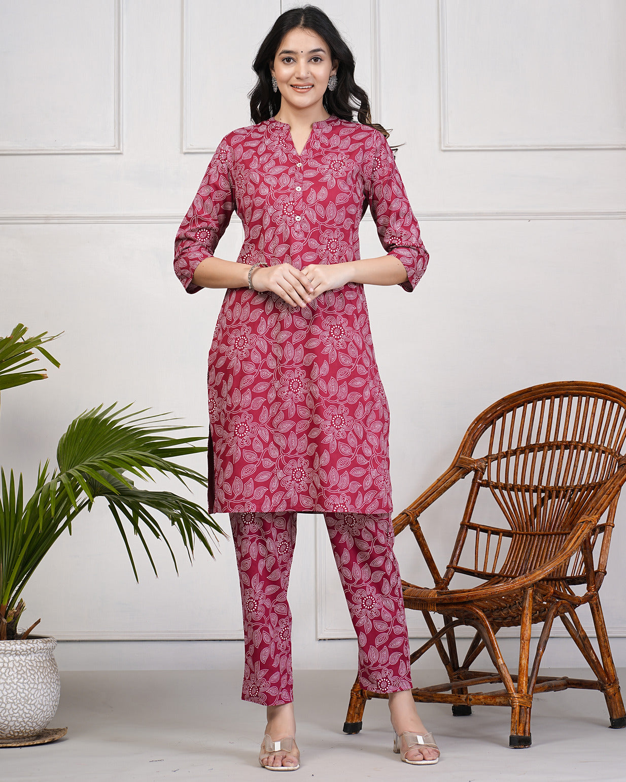 Maroon With Block Printed Rayon Kurti Set